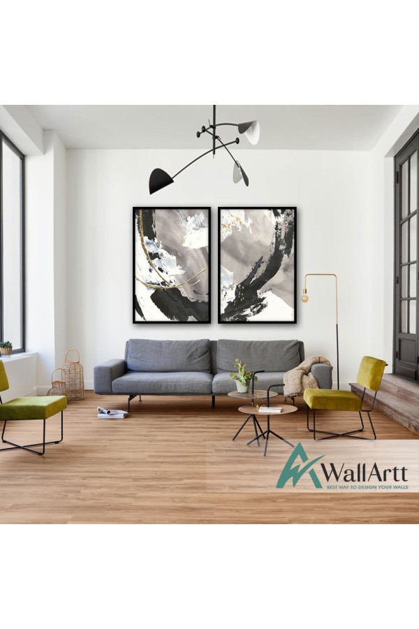 Black White with Gold 2 Piece Textured Partial Oil Painting